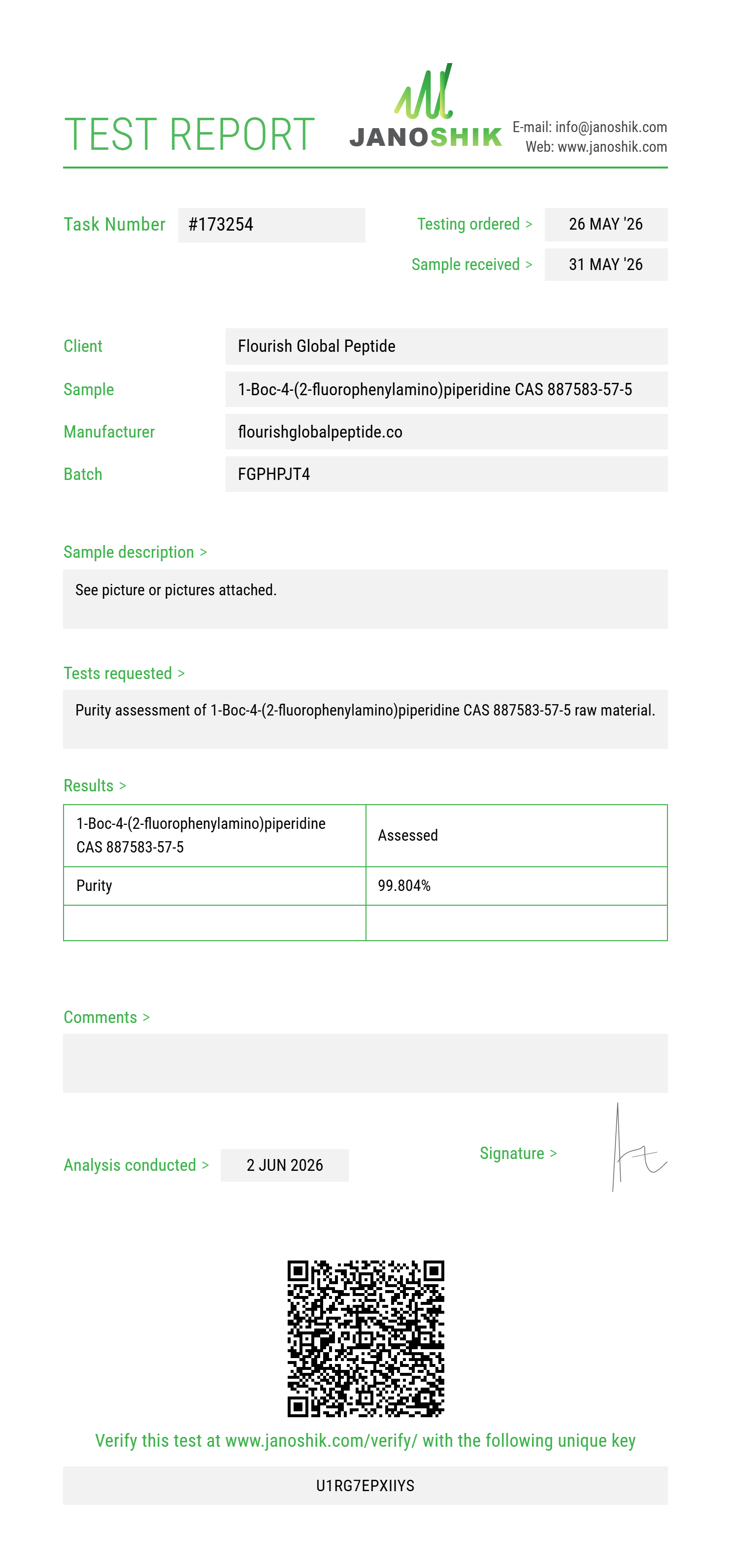 1-Boc-4-(2-fluorophenylamino)piperidine CAS 887583-57-5 Purity (HPLC) report by Janoshik Analytical