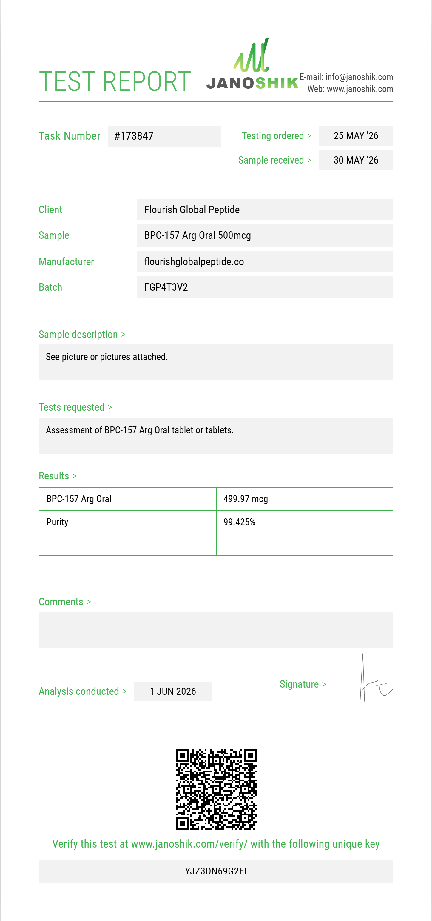 BPC-157 Arg Oral Purity (HPLC) report by Janoshik Analytical