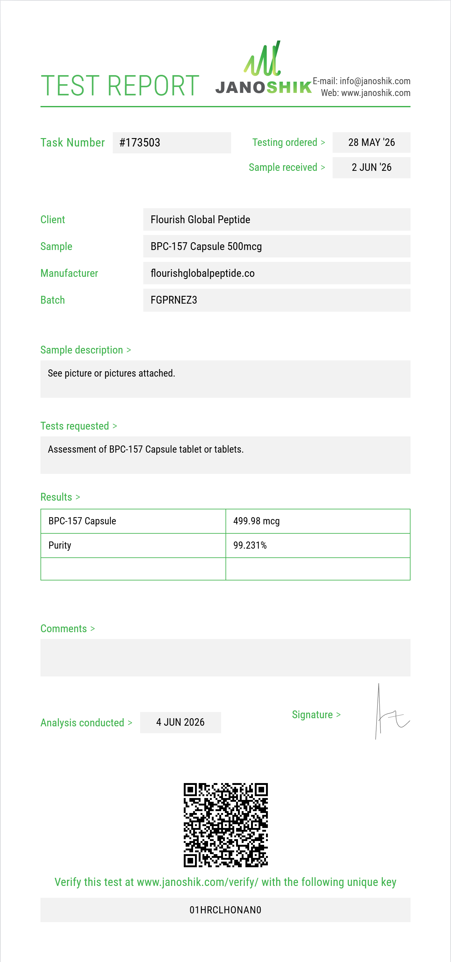 BPC-157 Capsule Purity (HPLC) report by Janoshik Analytical