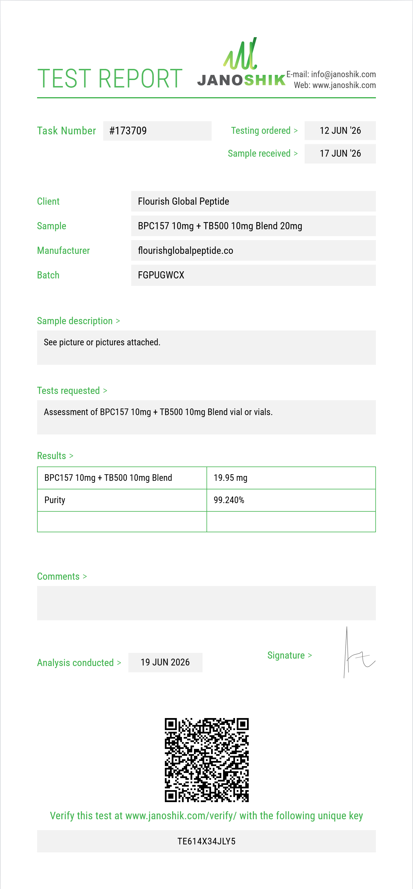 BPC157 10mg + TB500 10mg Blend Purity (HPLC) report by Janoshik Analytical
