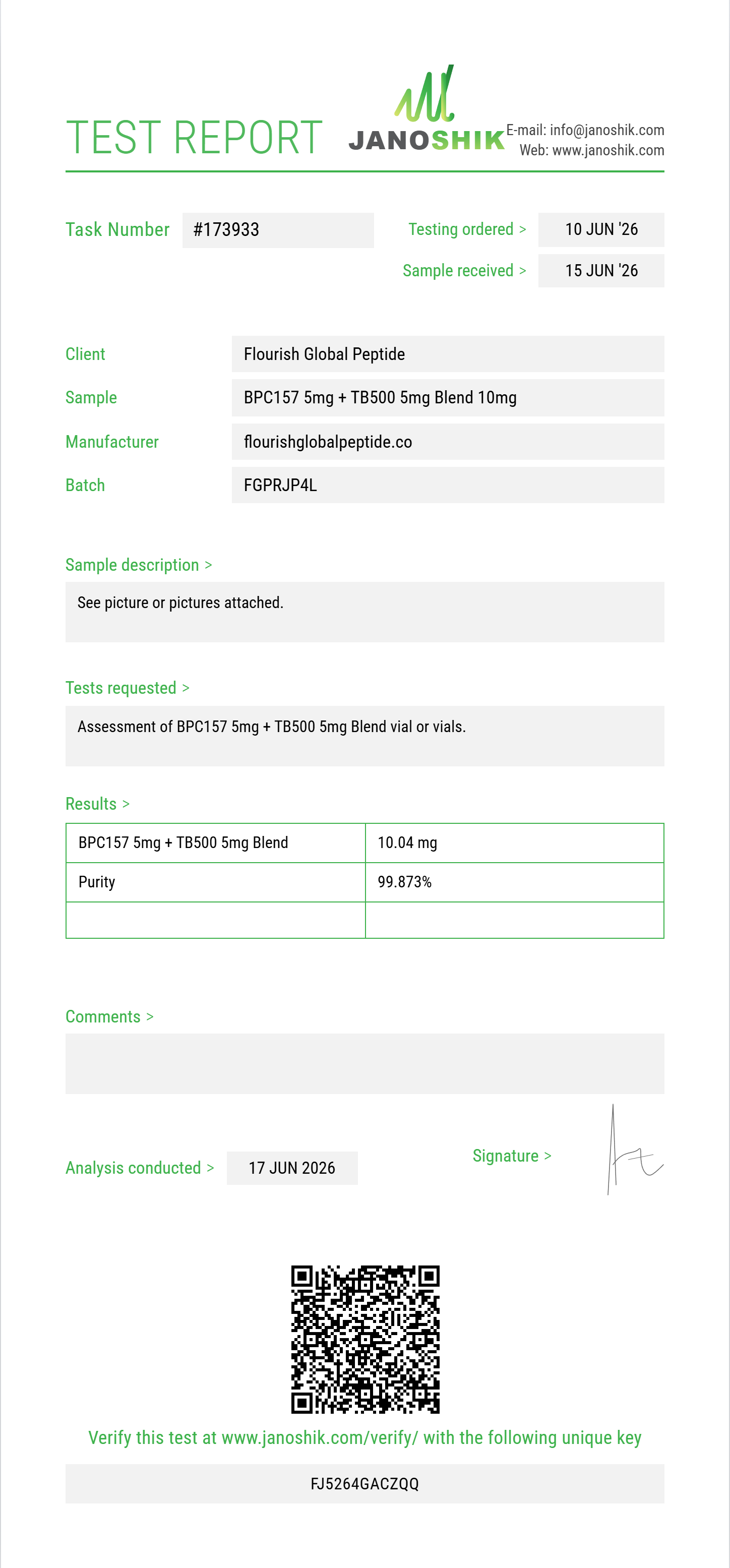 BPC157 5mg + TB500 5mg Blend Purity (HPLC) report by Janoshik Analytical