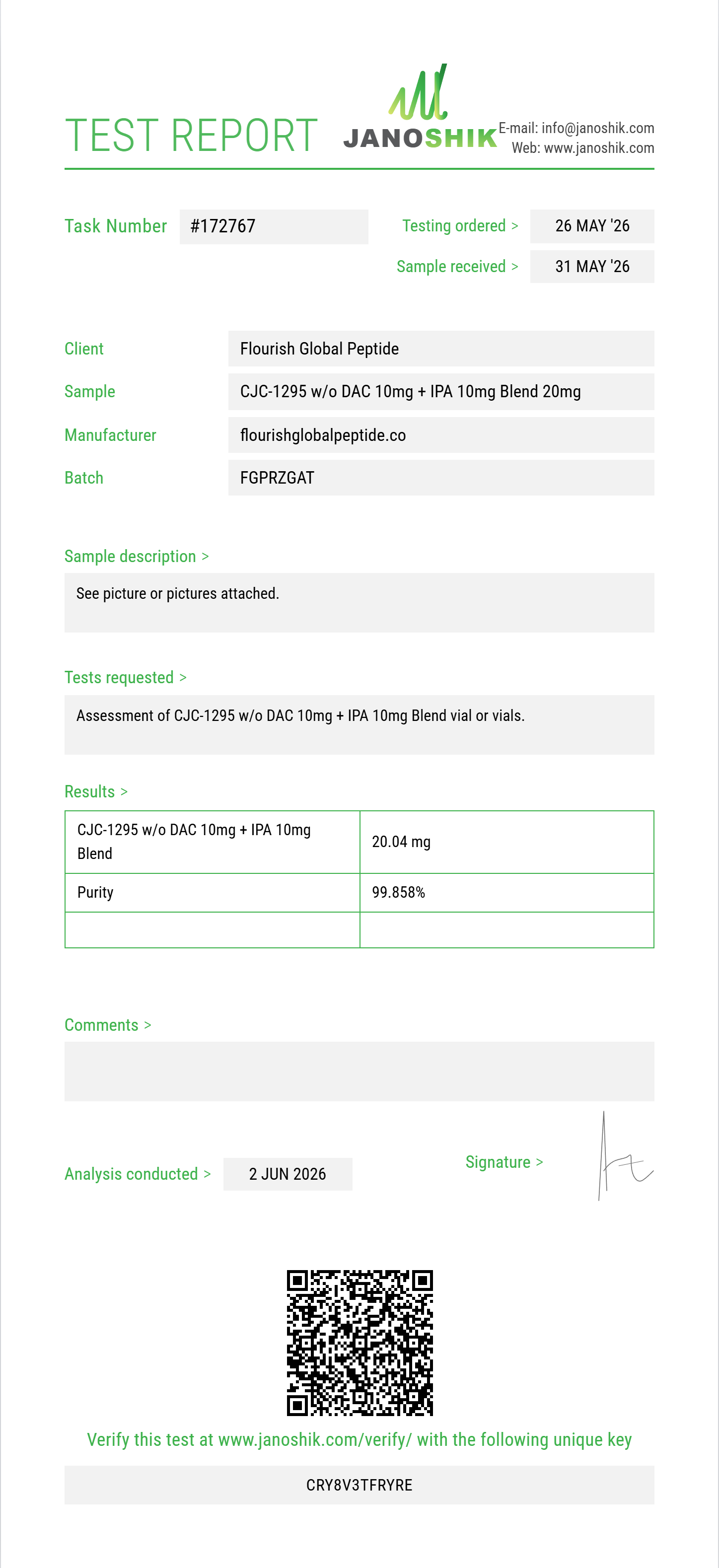 CJC-1295 w/o DAC 10mg + IPA 10mg Blend Purity (HPLC) report by Janoshik Analytical