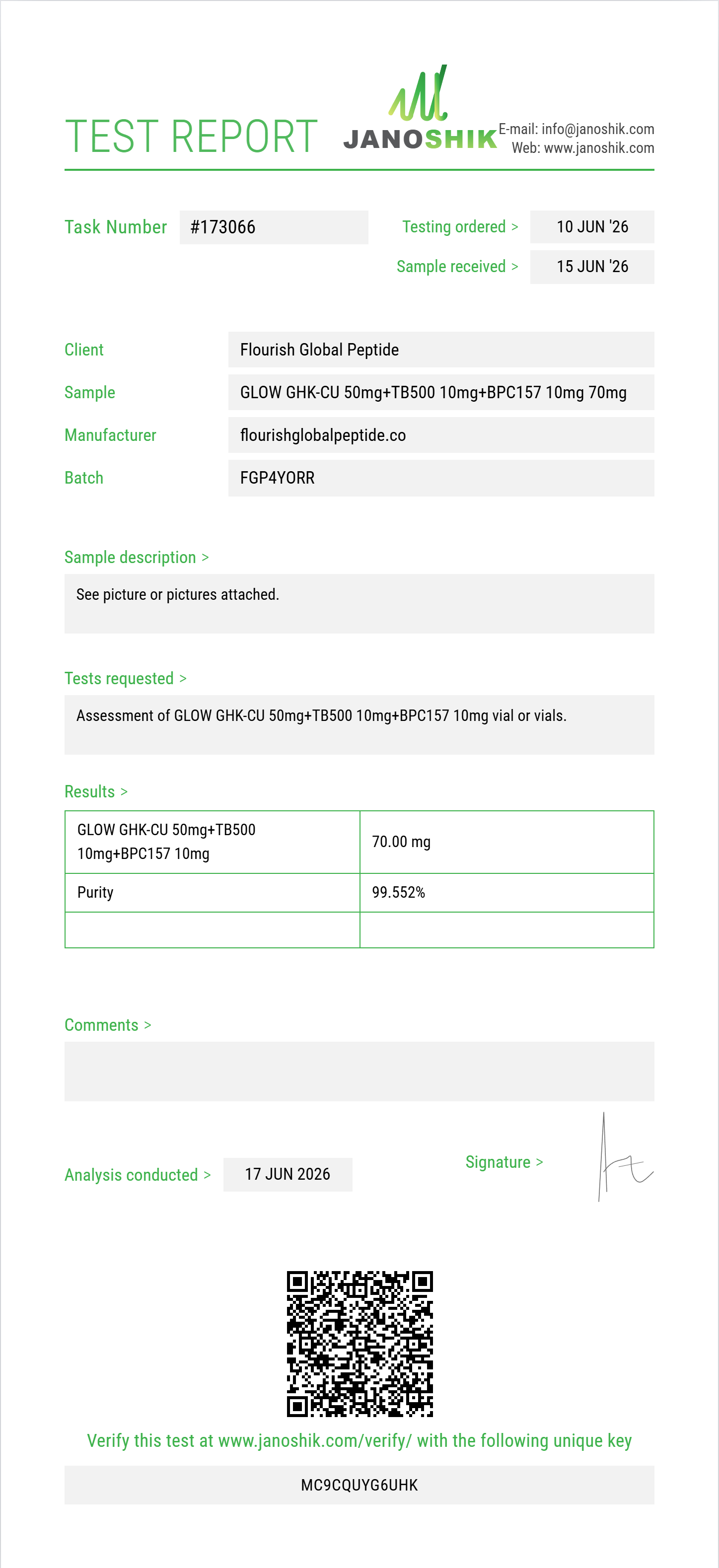 GLOW GHK-CU 50mg+TB500 10mg+BPC157 10mg Purity (HPLC) report by Janoshik Analytical