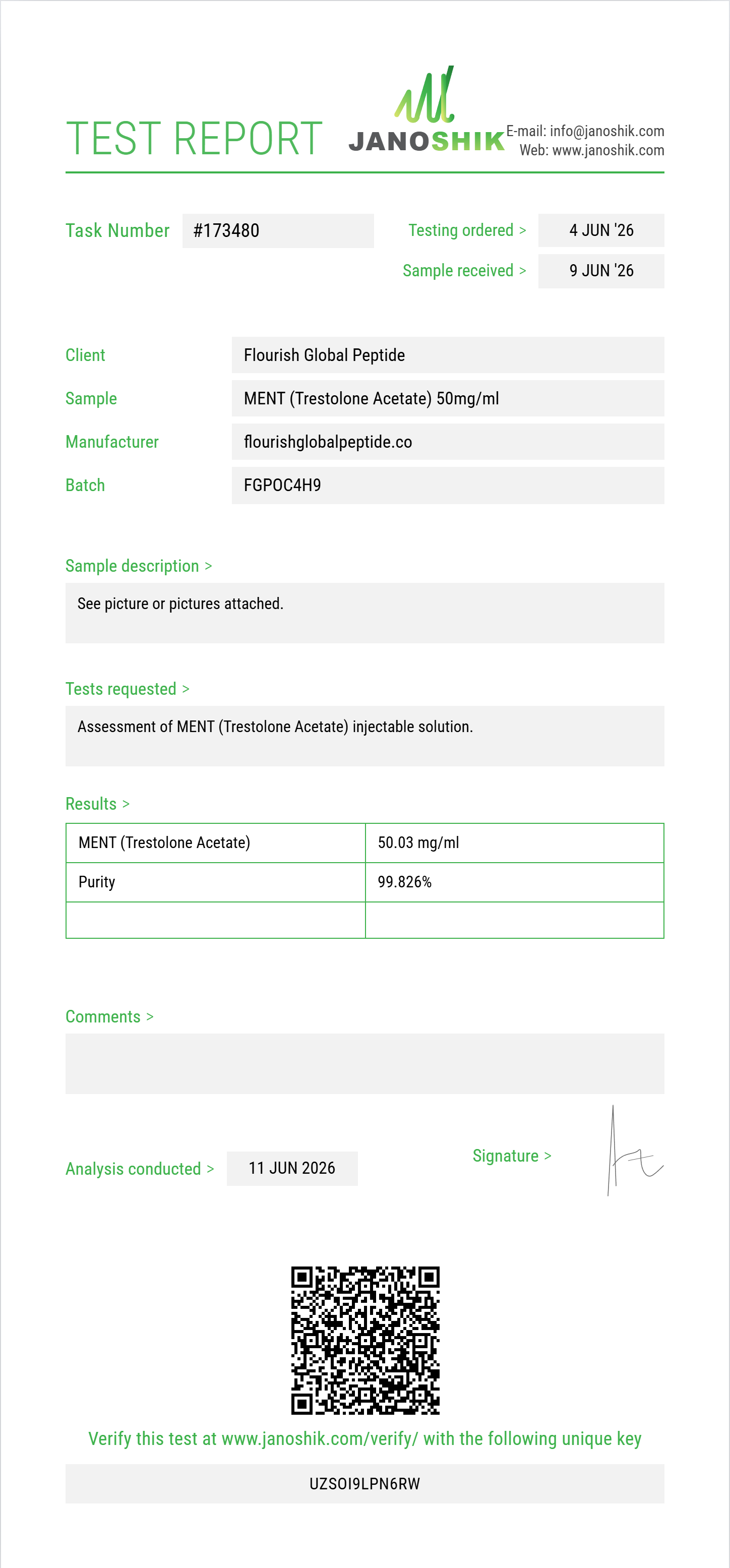 MENT (Trestolone Acetate) Purity (HPLC) report by Janoshik Analytical