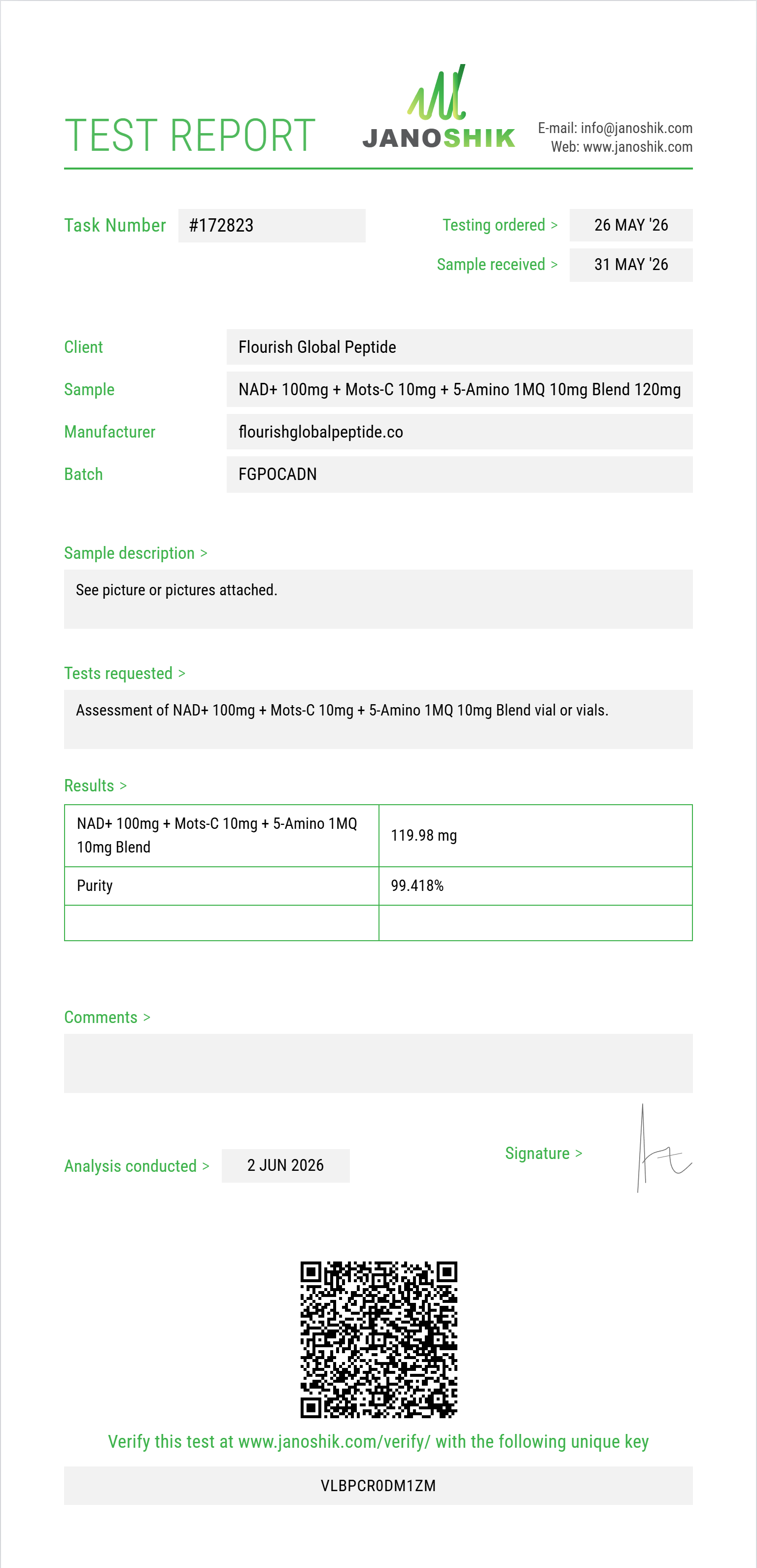 NAD+ 100mg + Mots-C 10mg + 5-Amino 1MQ 10mg Blend Purity (HPLC) report by Janoshik Analytical