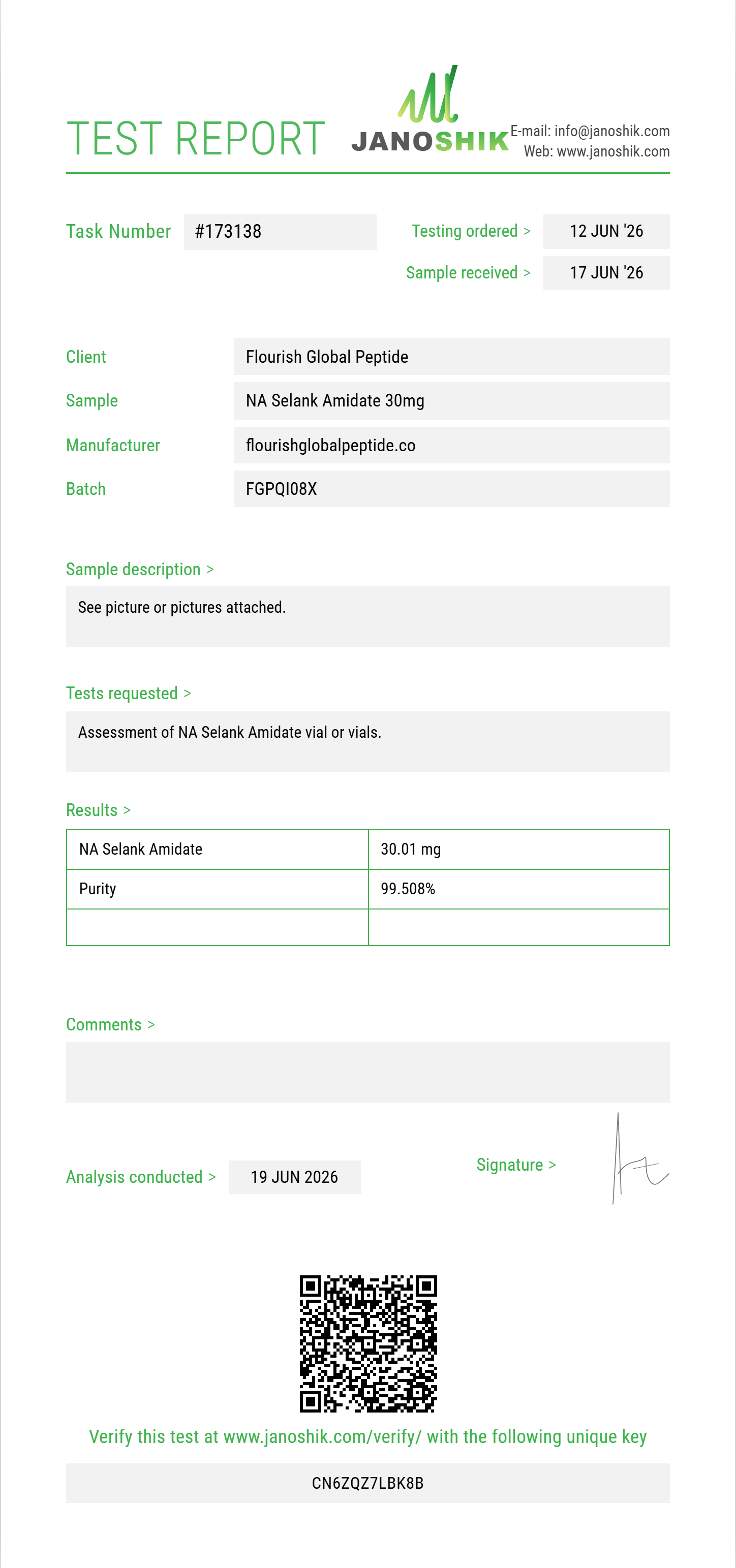NA Selank Amidate Purity (HPLC) report by Janoshik Analytical