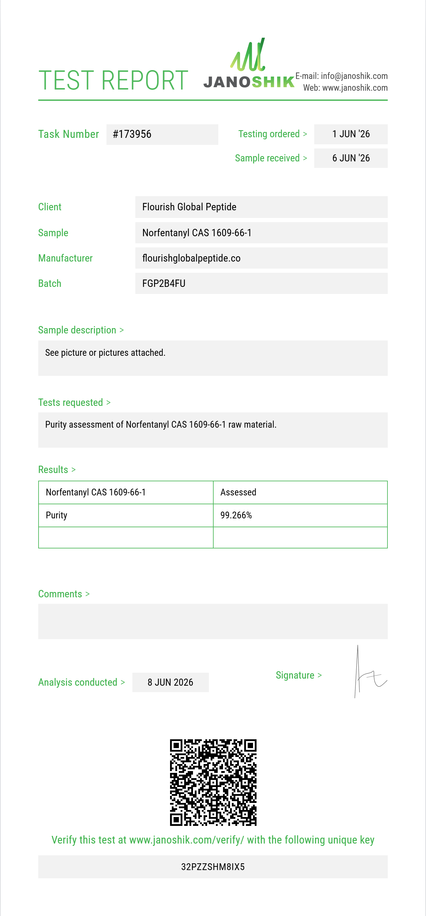 Norfentanyl CAS 1609-66-1 Purity (HPLC) report by Janoshik Analytical