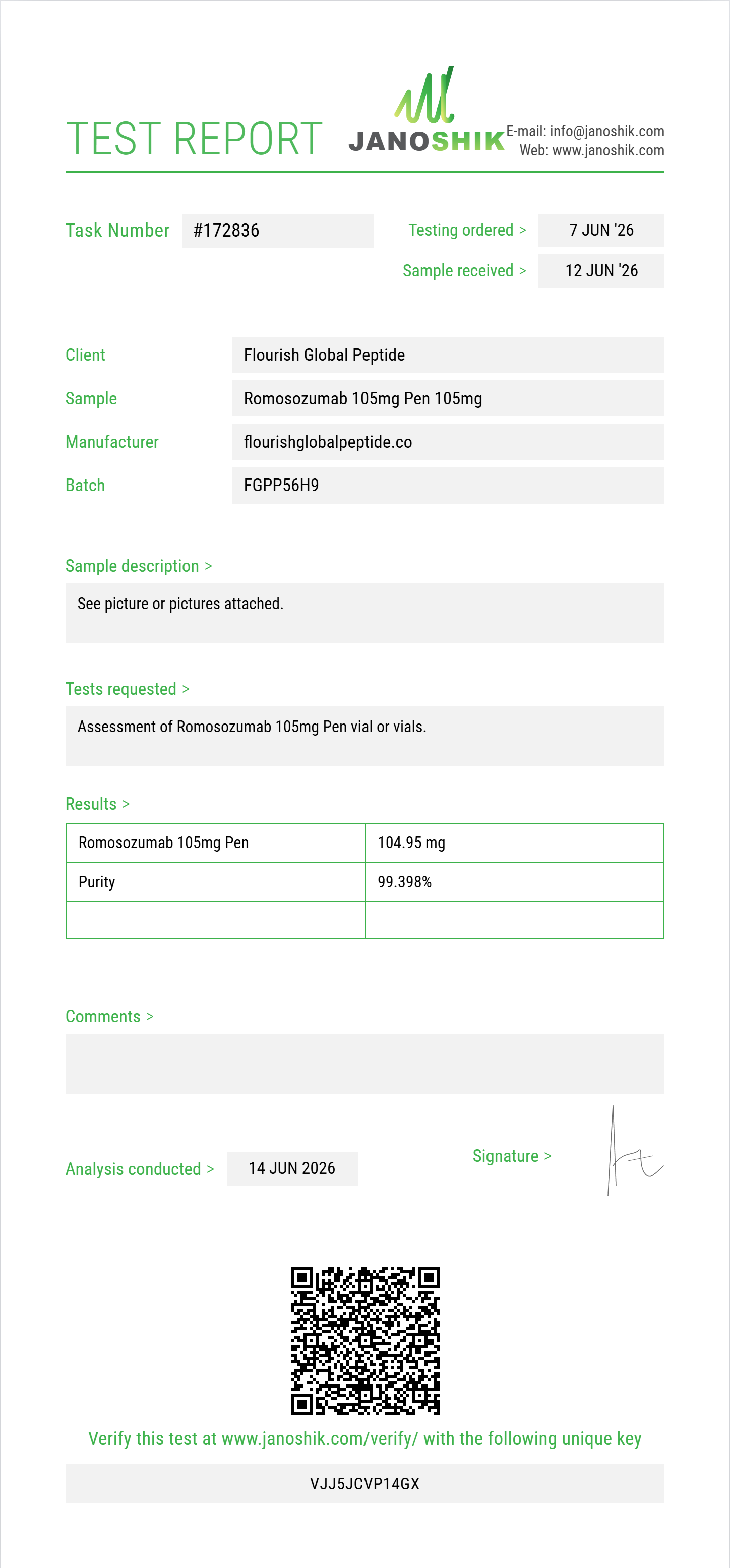 Romosozumab Purity (HPLC) report by Janoshik Analytical
