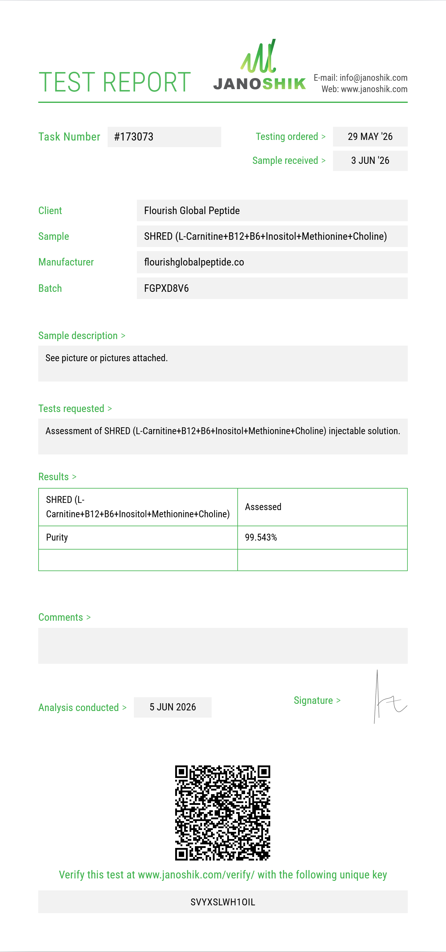 SHRED (L-Carnitine 200mg+B12+B6+Inositol+Methionine+Choline) Purity (HPLC) report by Janoshik Analytical