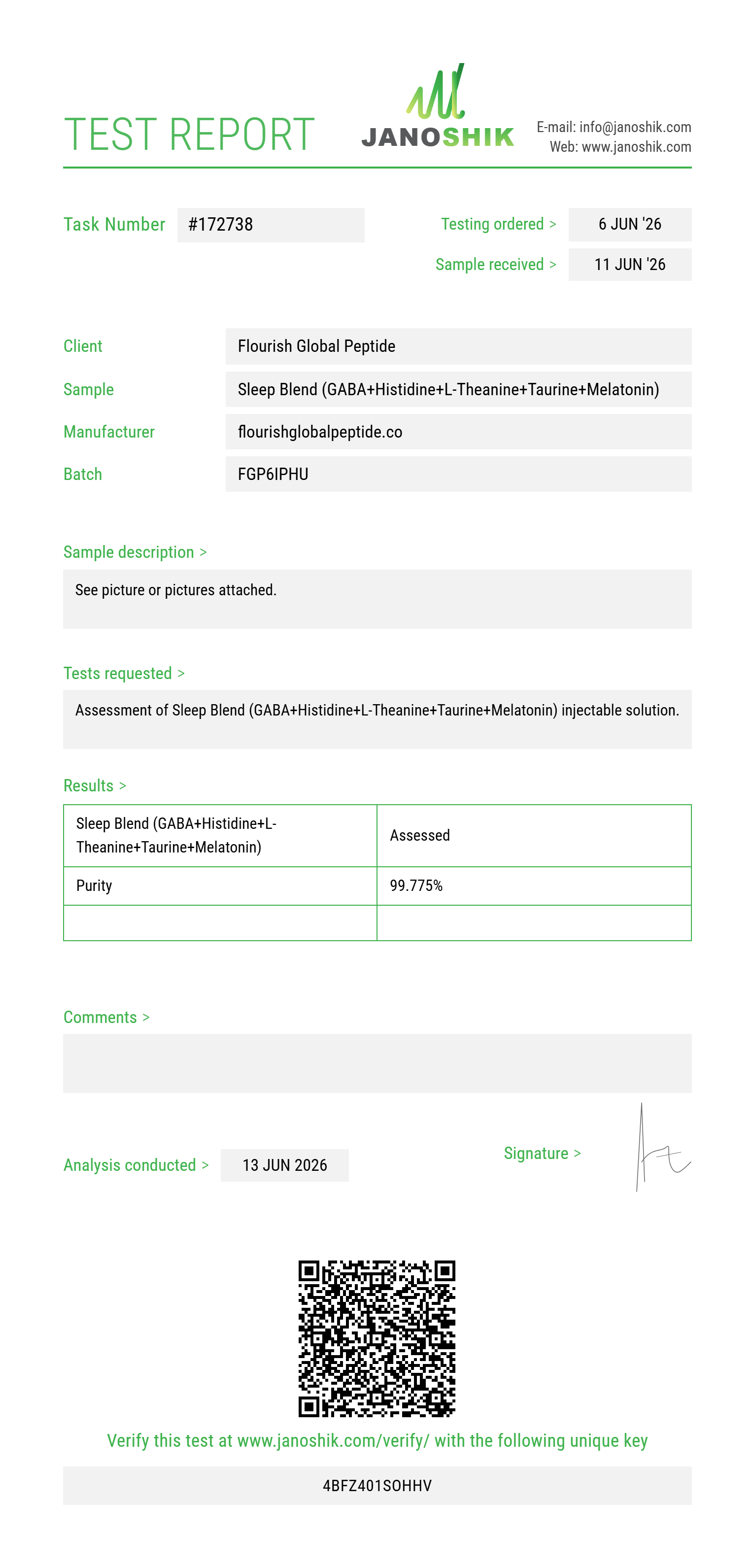 Sleep Blend (GABA 100mg+Histidine 100mg+L-Theanine 50mg+Taurine 100mg+Melatonin 2mg) Purity (HPLC) report by Janoshik Analytical
