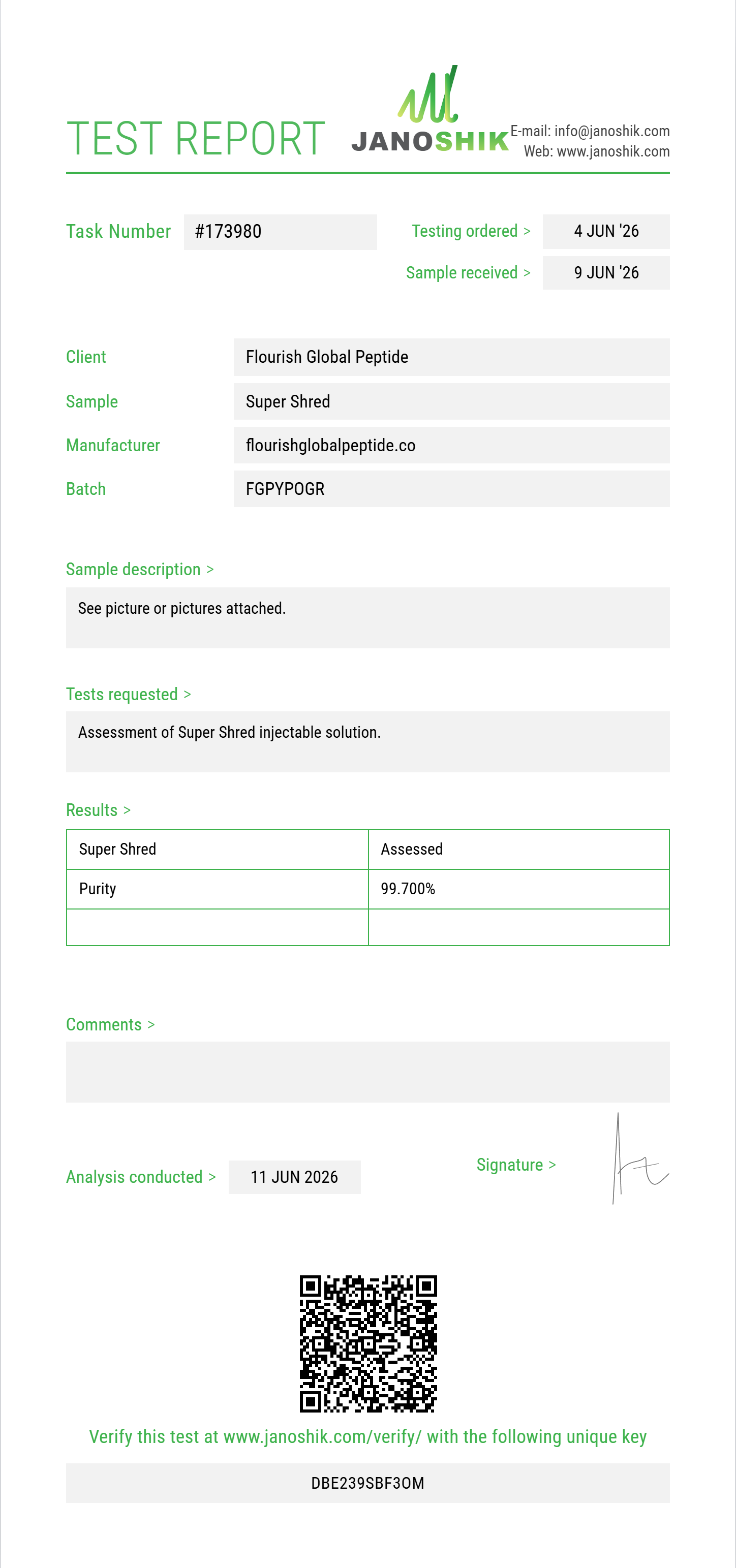 Super Shred Purity (HPLC) report by Janoshik Analytical