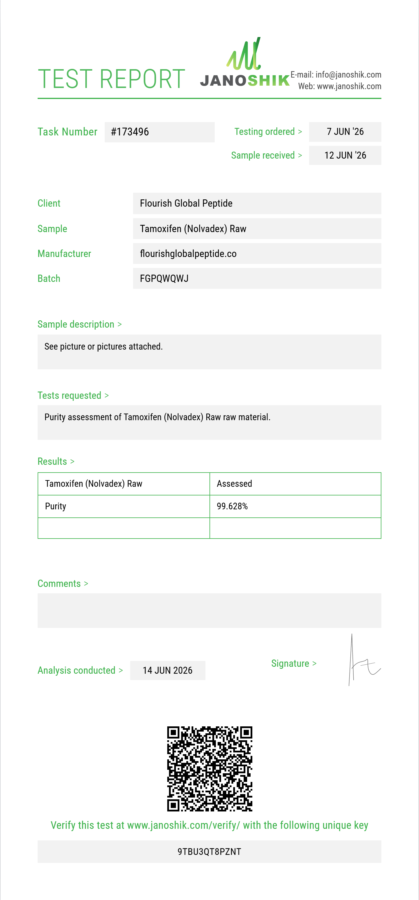Tamoxifen (Nolvadex) Raw Purity (HPLC) report by Janoshik Analytical