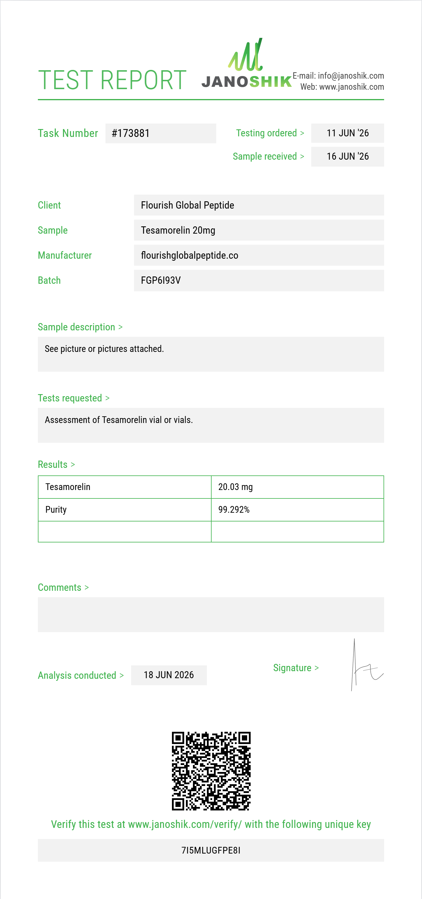 Tesamorelin Purity (HPLC) report by Janoshik Analytical