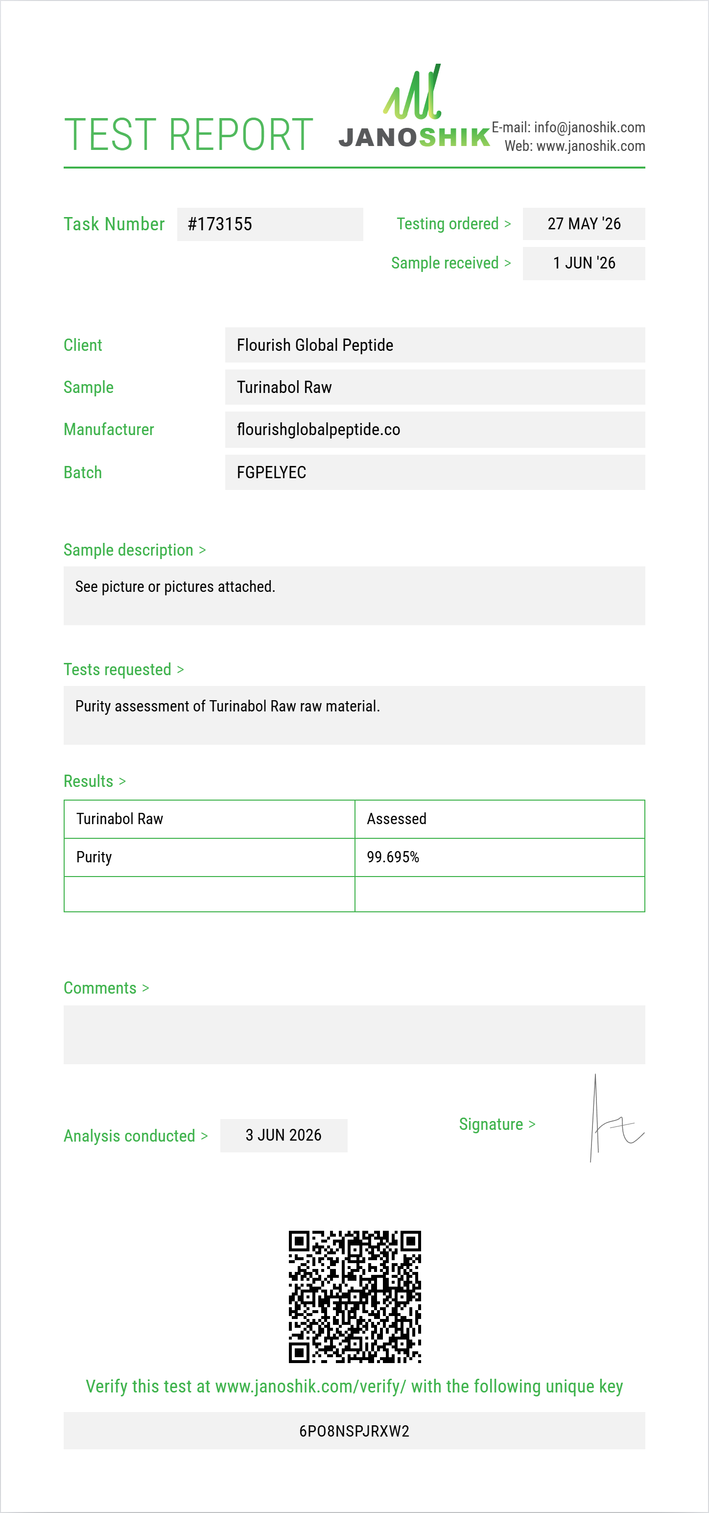 Turinabol Raw Purity (HPLC) report by Janoshik Analytical