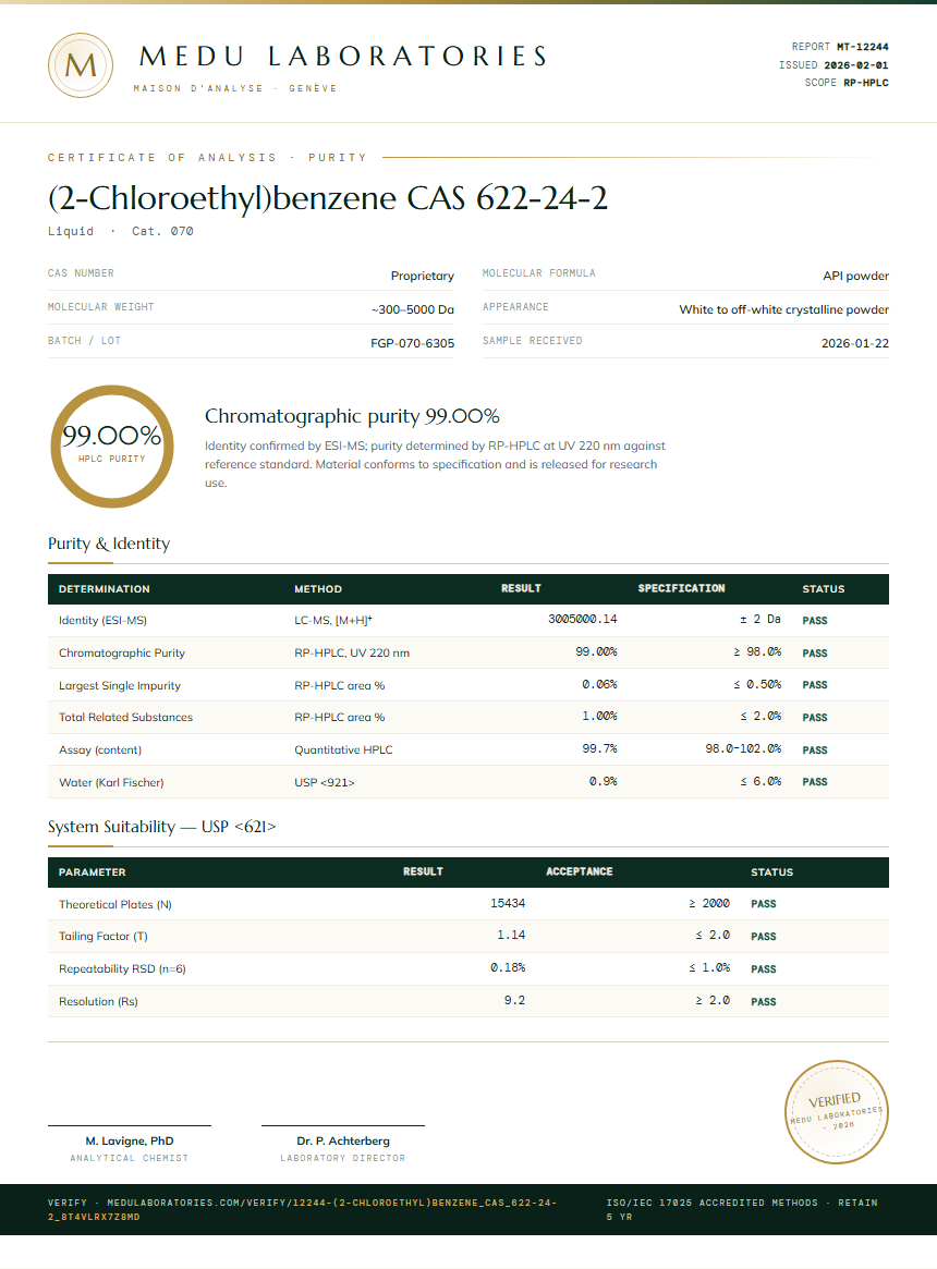 (2-Chloroethyl)benzene CAS 622-24-2 Purity Test Report by Medu Laboratories
