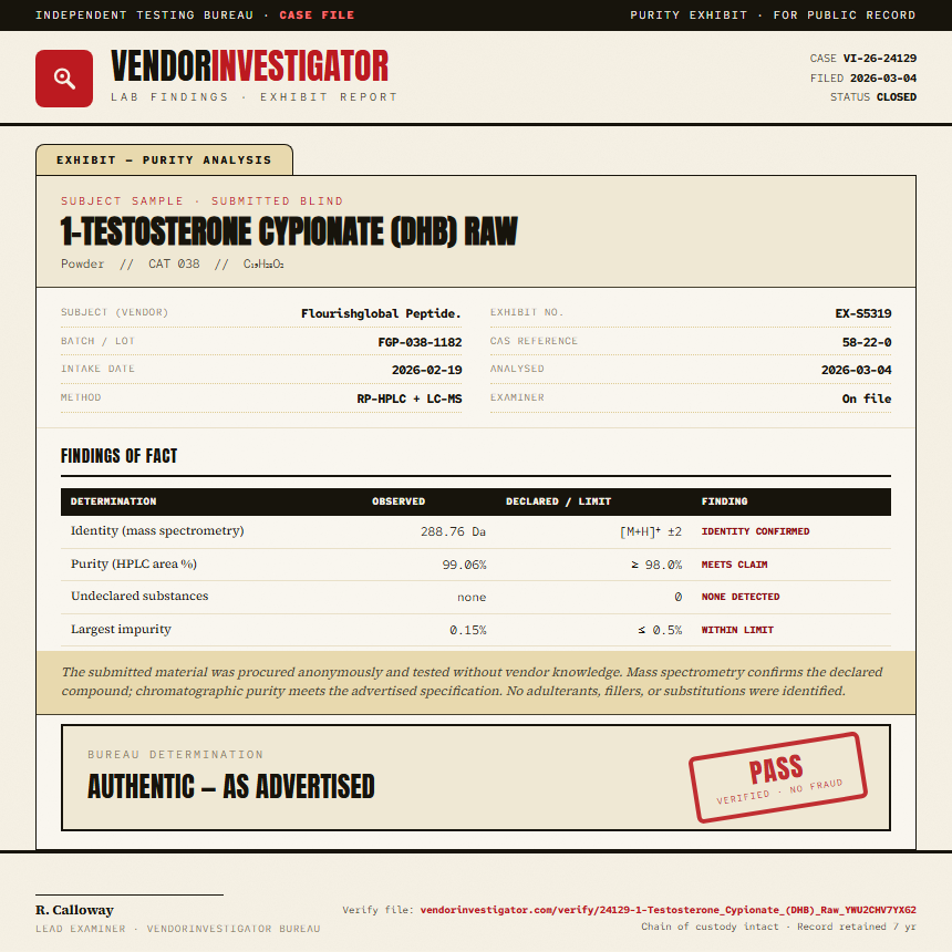 1-Testosterone Cypionate (DHB) Raw Purity (HPLC) report by VendorInvestigator