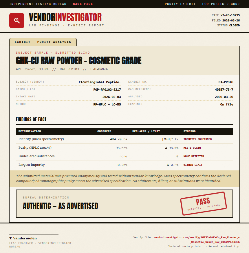 GHK-Cu Raw Powder - Cosmetic Grade Purity (HPLC) report by VendorInvestigator