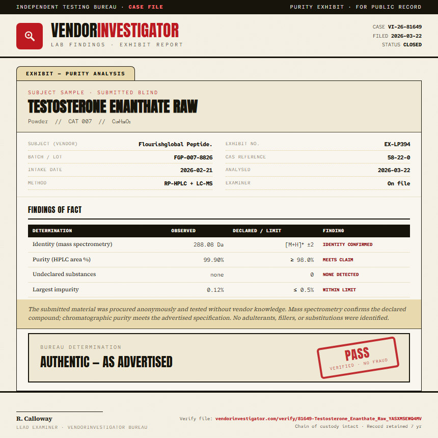 Testosterone Enanthate Raw Purity (HPLC) report by VendorInvestigator