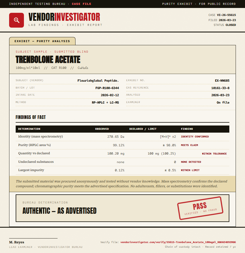 Trenbolone Acetate Purity (HPLC) report by VendorInvestigator