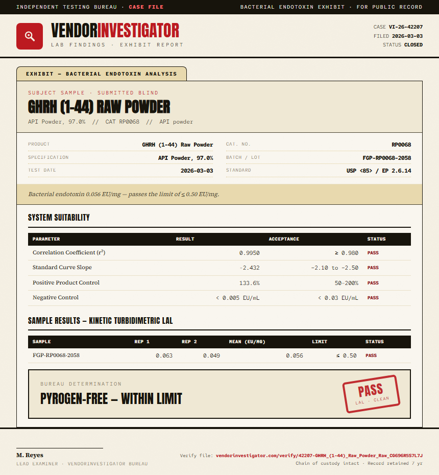 GHRH (1-44) Raw Powder Endotoxin report by VendorInvestigator