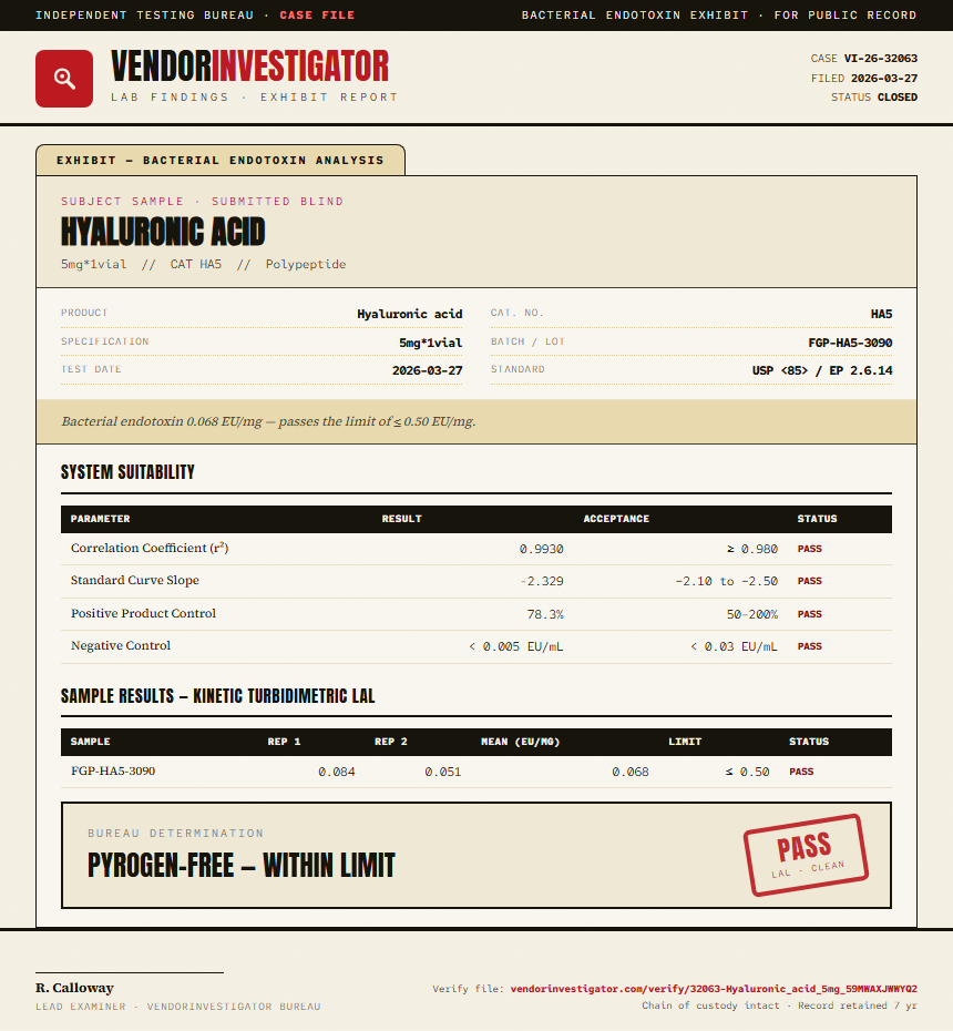 Hyaluronic acid Endotoxin report by VendorInvestigator