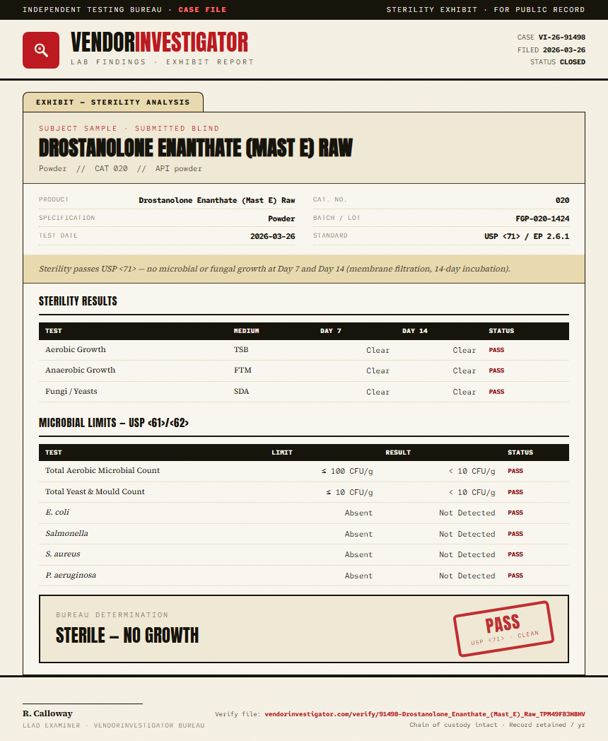 Drostanolone Enanthate (Mast E) Raw Sterility report by VendorInvestigator