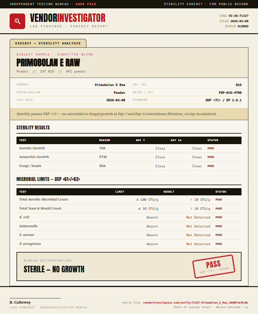 Primobolan E Raw Sterility report by VendorInvestigator